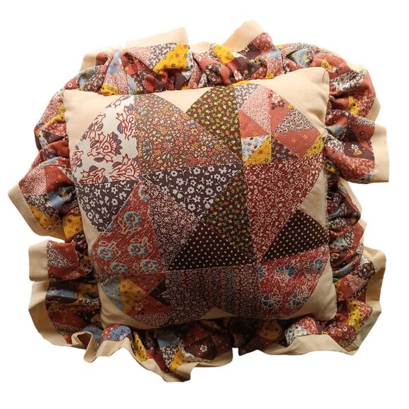 Vintage Patchwork Quilted Throw Pillow with Ruffled Edges - Picture 1 of 2